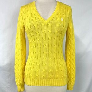 POLO RALPH LAUREN Yellow Cable Knit V Neck Sweater 100% Cotton Women's S Preppy